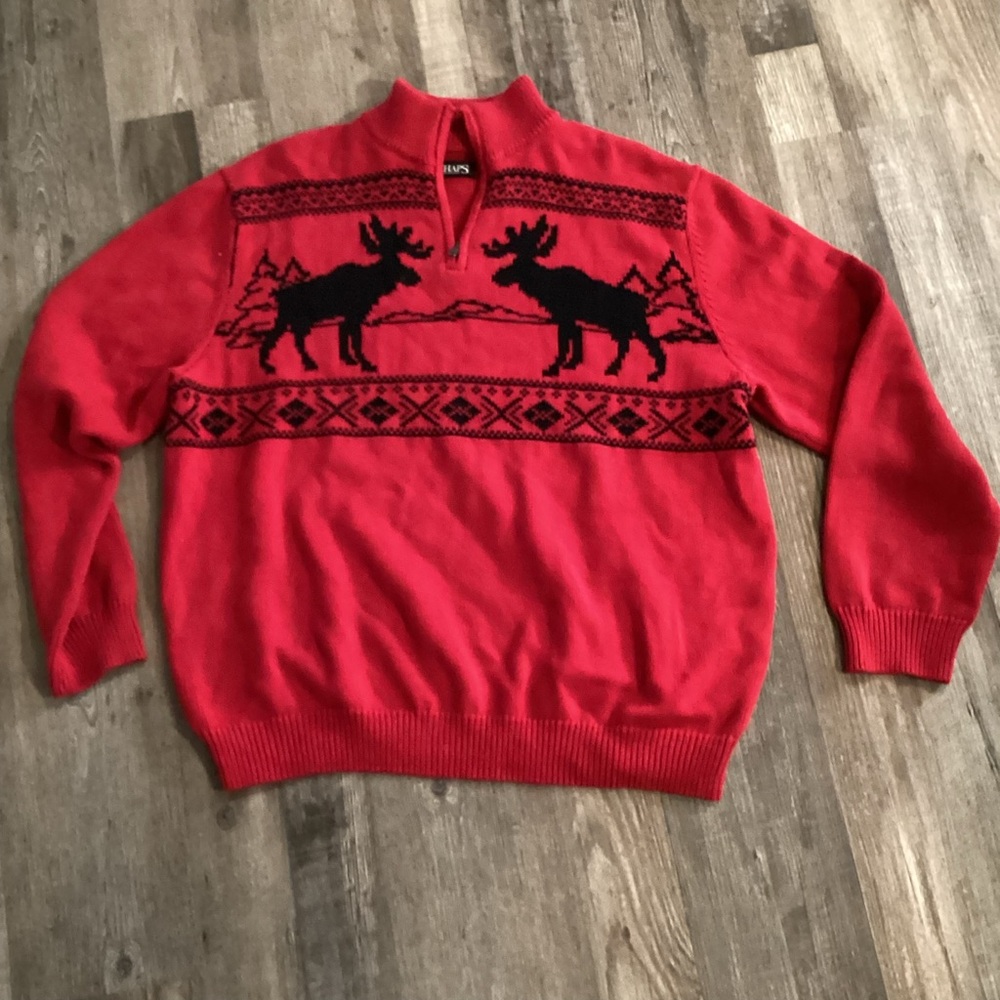 Chaps Sweater Mens Red Pullover Stags Henley Fair Isle Long Sleeve 1/4 Zip XXL